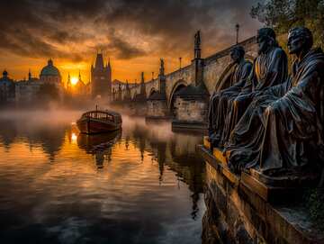 Online jigsaw puzzle -  Golden sunrise illuminates Charles Bridge and its statues while gentle mist floats over Prague's Vltava River - picture 9