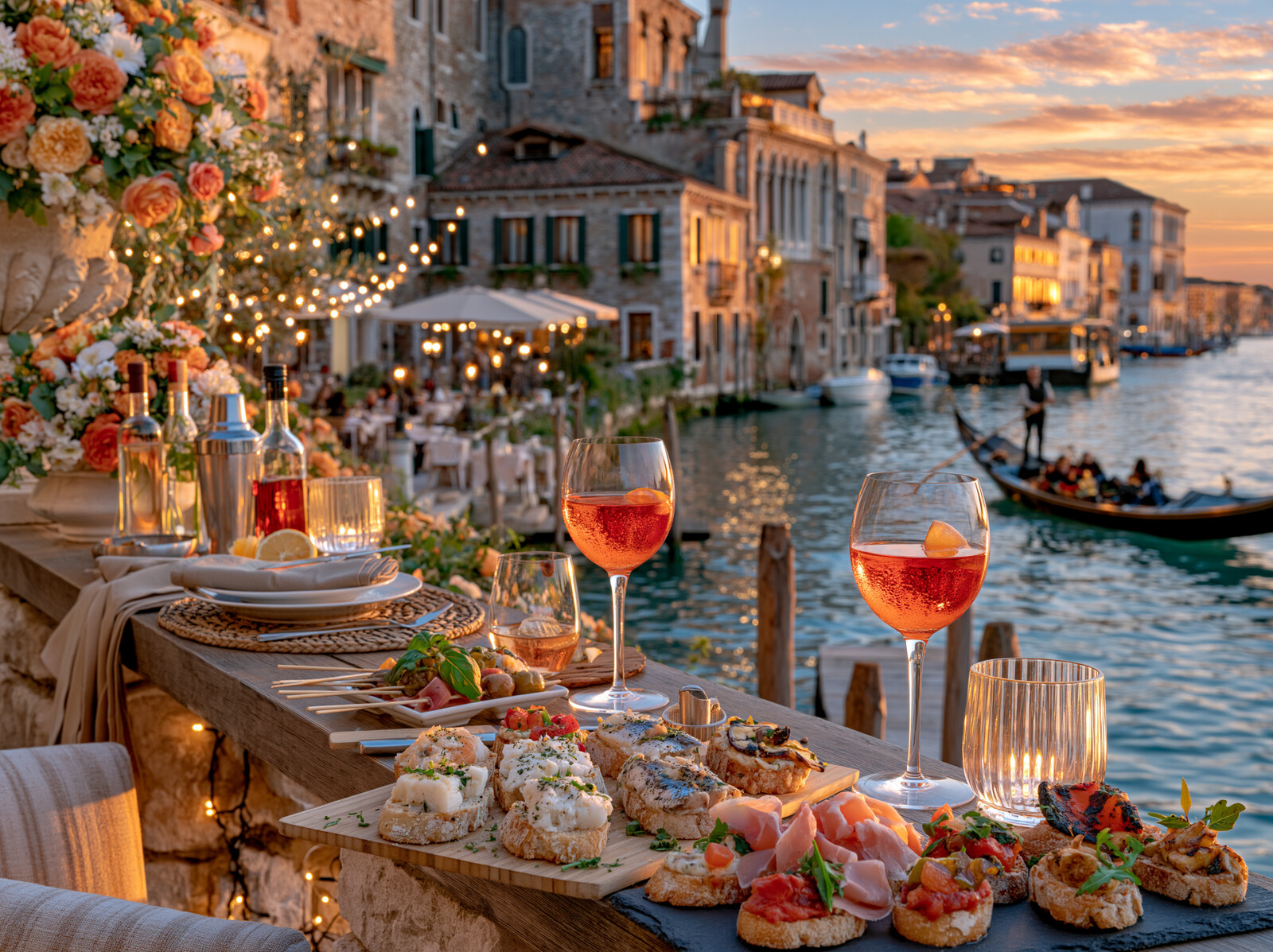 Spritz glasses and small bites on a canalside bar counter in Venice at sunset, with a gondola passing