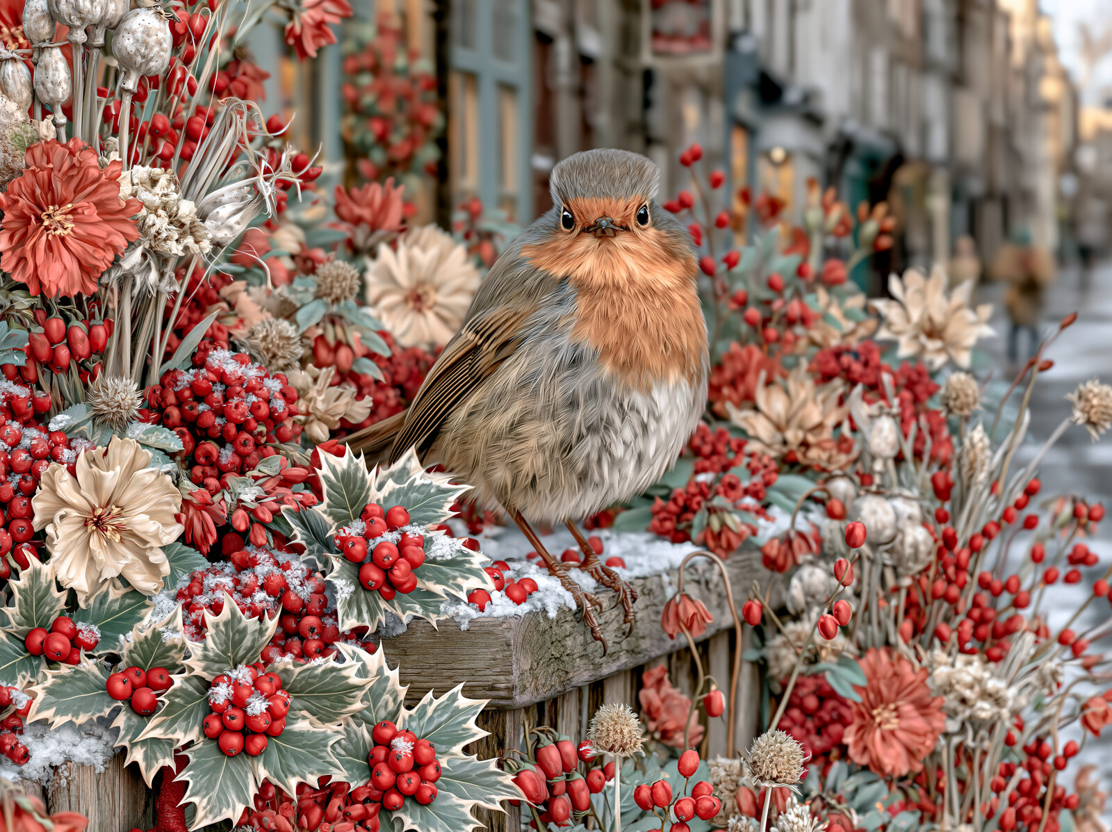 A robin with a bright orange breast perched among holly and red berries on a frosty morning