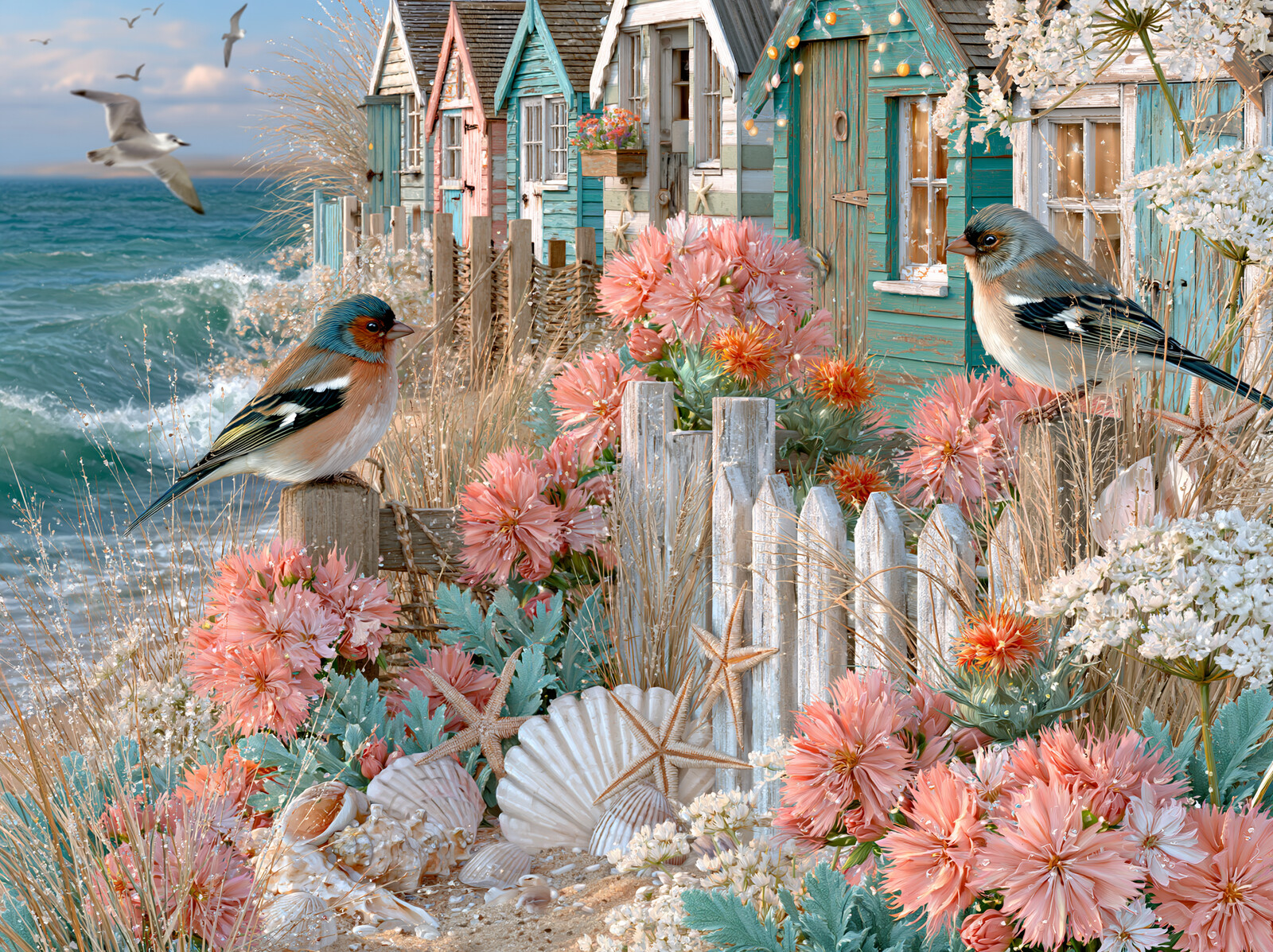 Chaffinches perched by birdboxes painted like beach huts, with pink flowers, shells and waves breaking beyond
