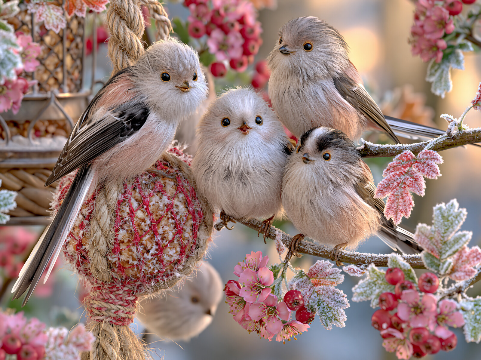 A huddle of fluffy long-tailed tits perched round a fat ball feeder among pink blossom