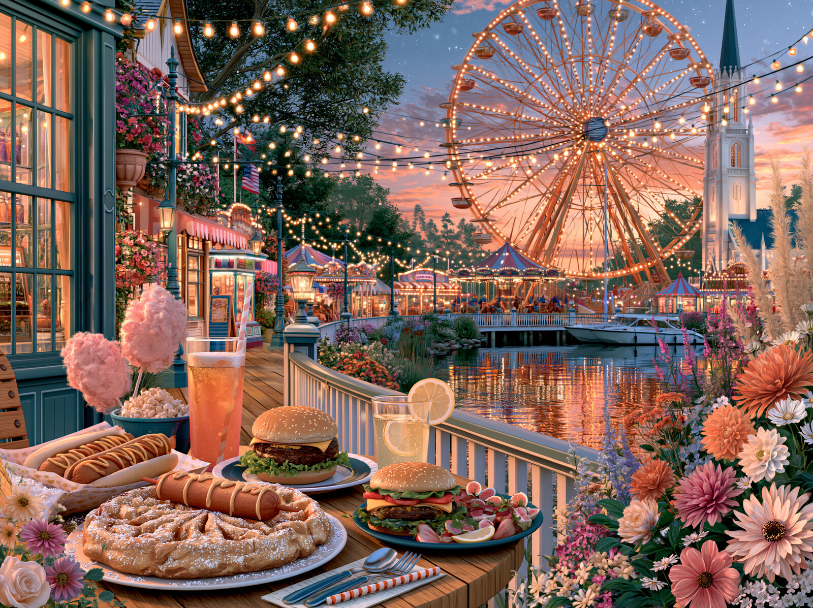 Burgers, hot dogs, lemonade and candyfloss on a waterside table beneath a lit-up Ferris wheel at sunset