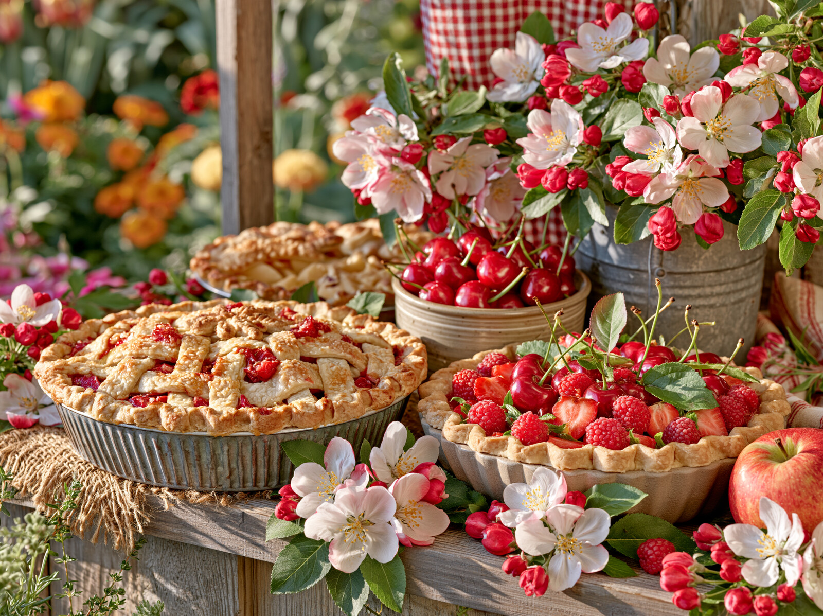 Lattice cherry pies and a bowl of cherries on a windowsill among apple blossom and garden flowers
