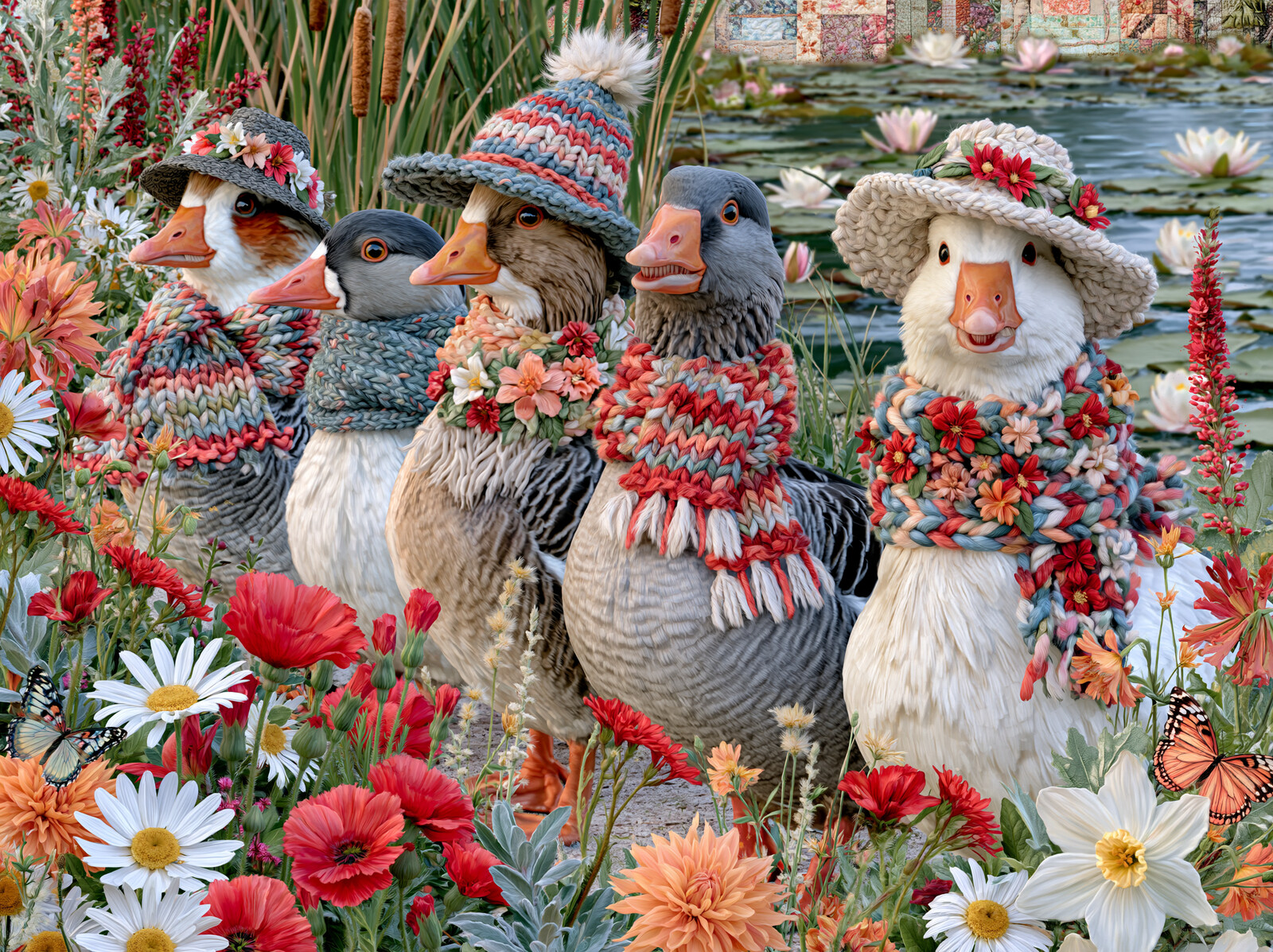 A row of ducks wearing colourful knitted scarves and bobble hats standing among red poppies and daisies