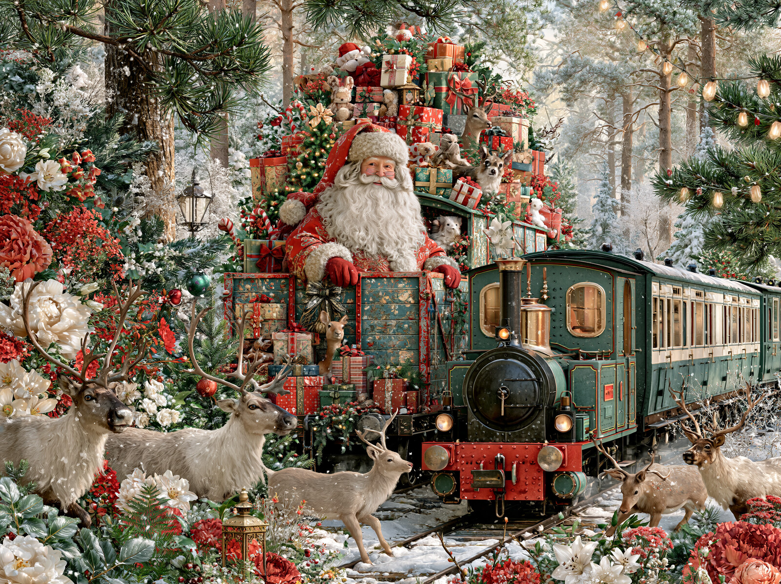 Santa in a goods wagon piled with presents, with reindeer beside a green steam engine in a snowy forest