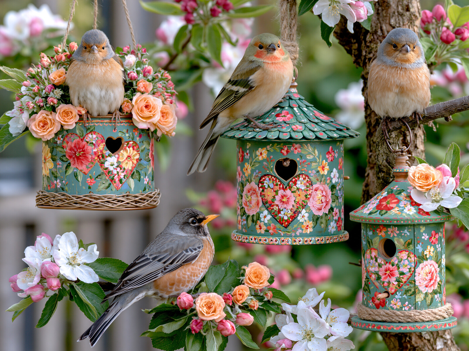Hand-painted folk art birdhouses hanging from a blossoming apple tree, with robins and finches perched around them