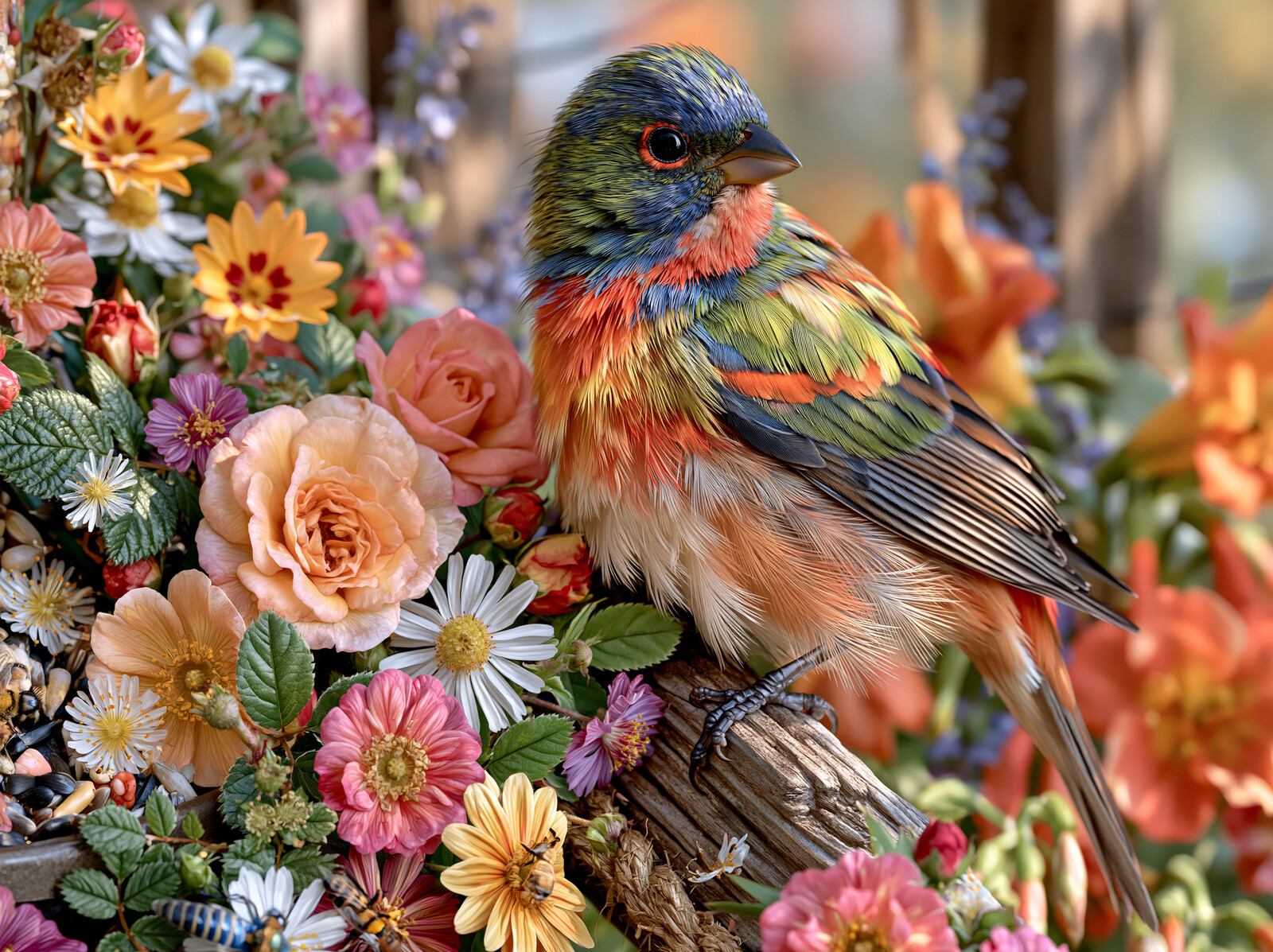 A painted bunting with a blue head, green back and red breast perched on a weathered post among roses