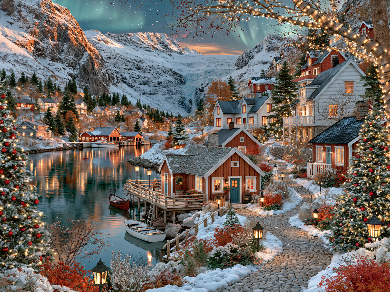 Red wooden cabins and boats along a snowy fjord beneath mountains and the green glow of the northern lights