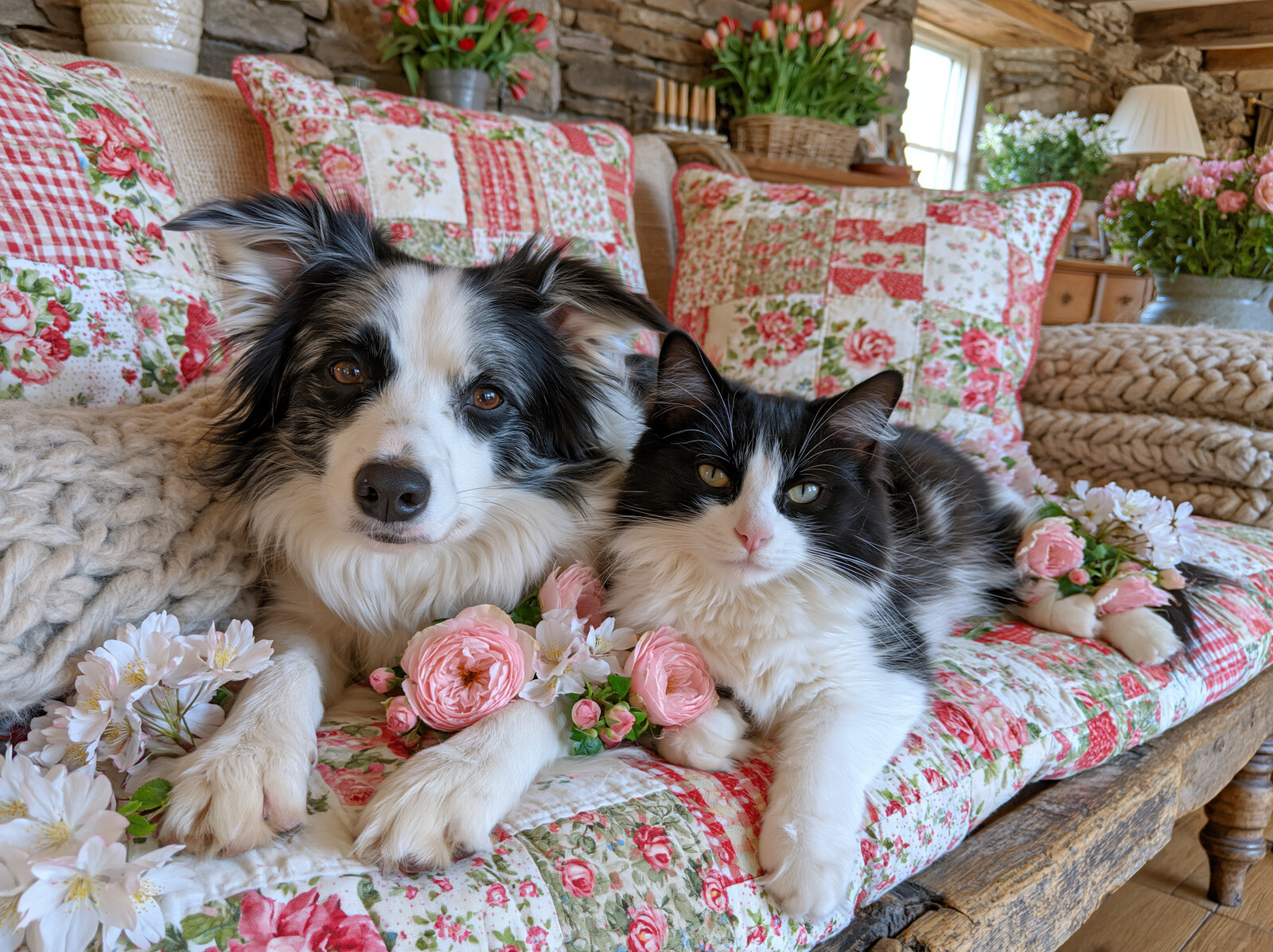 A border collie and a black and white cat lying together on a floral patchwork sofa with roses