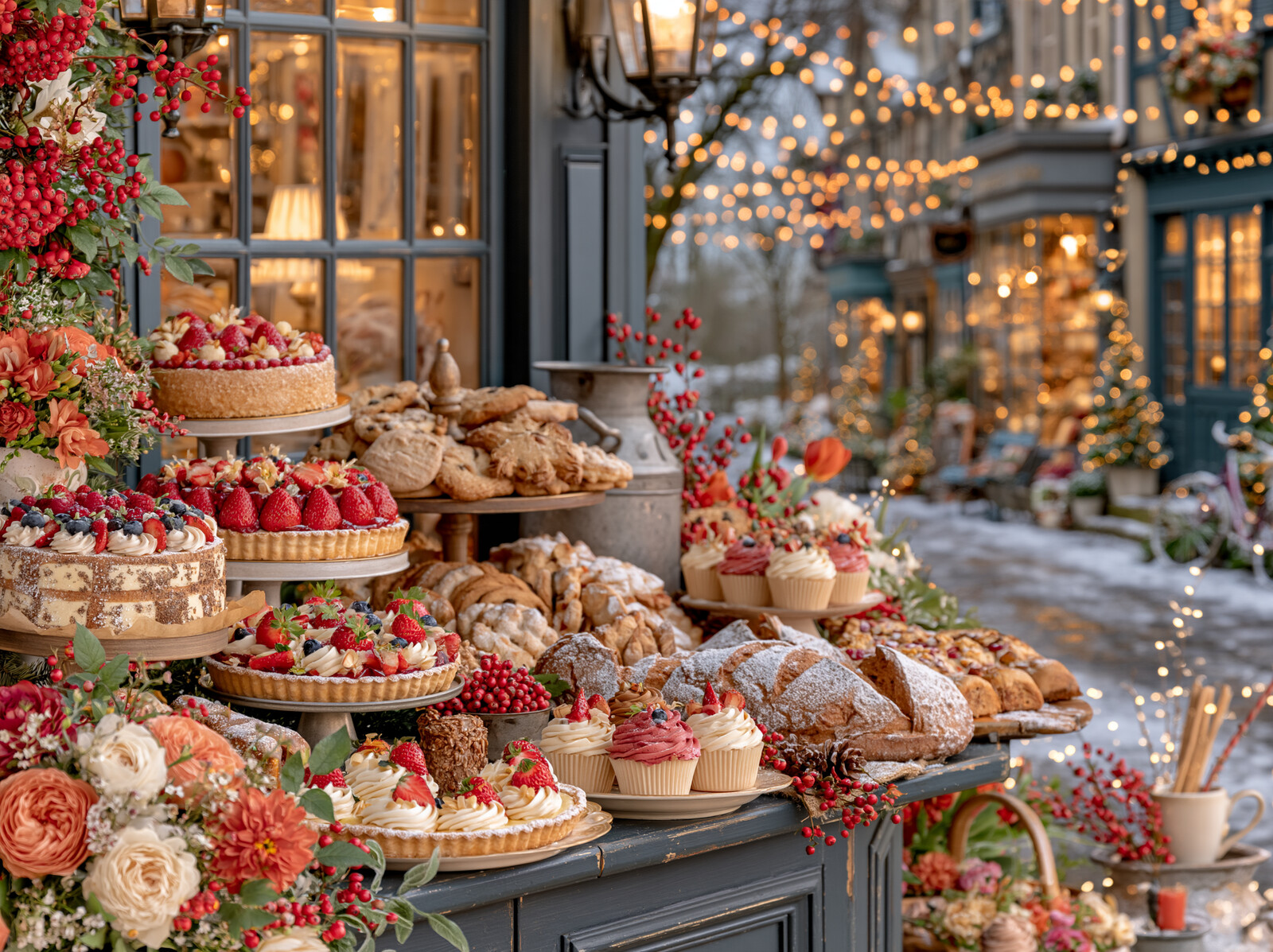 A bakery window piled with cakes, tarts and pastries among flowers on a lantern-lit snowy street