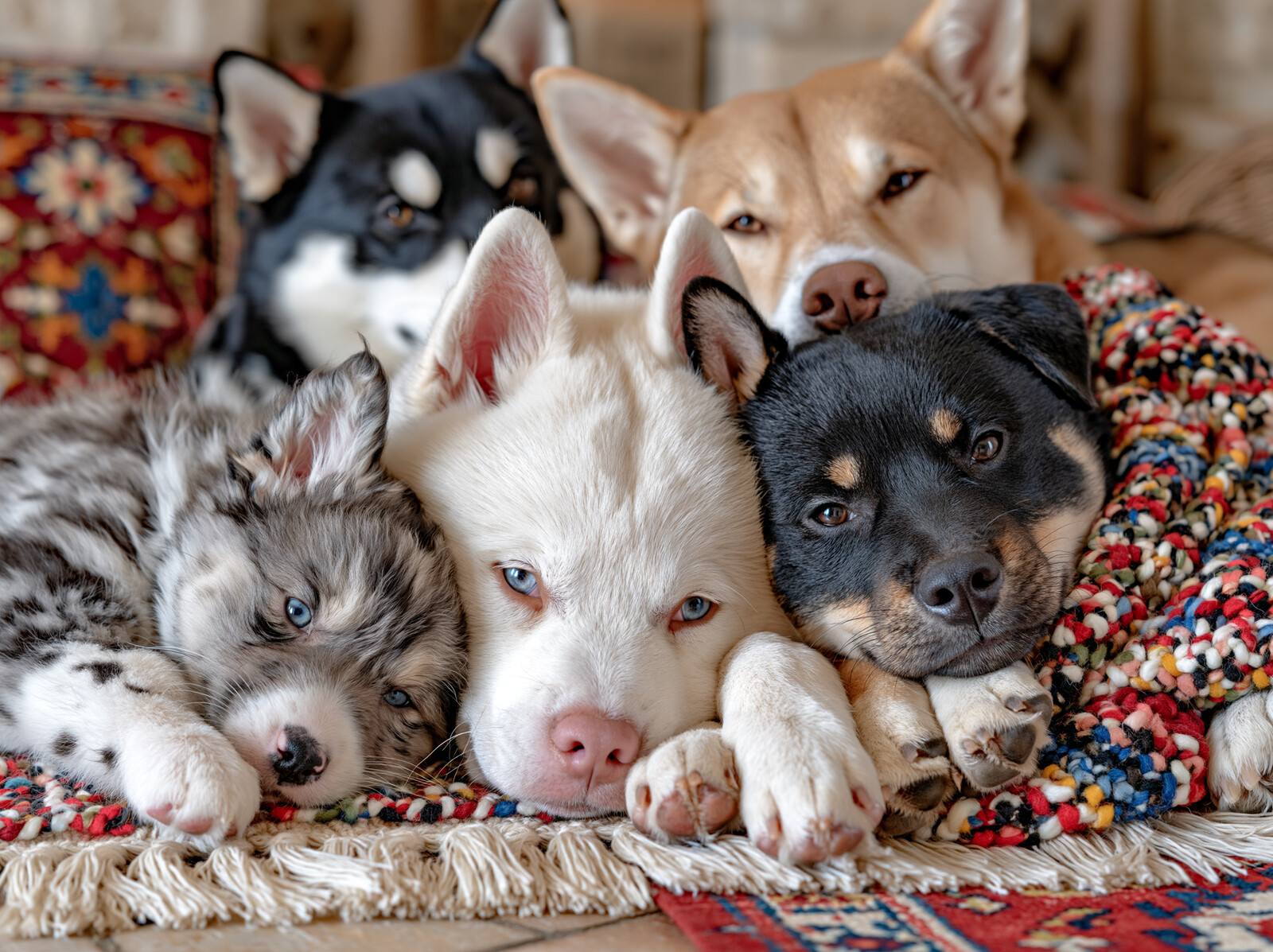 Five puppies of different breeds snuggled together on a colourful woven rug