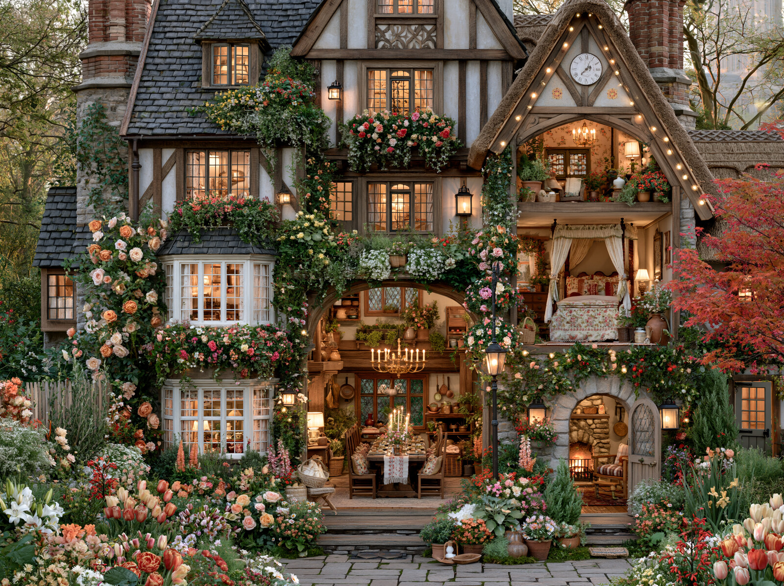 A half-timbered Tudor dolls' house with its front open and every room lit, surrounded by roses at dusk