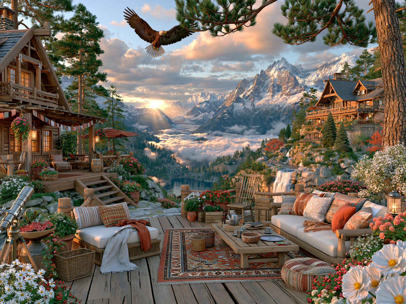 A cosy lodge deck with sofas and cushions looking out over a sea of clouds to snowy peaks at sunrise