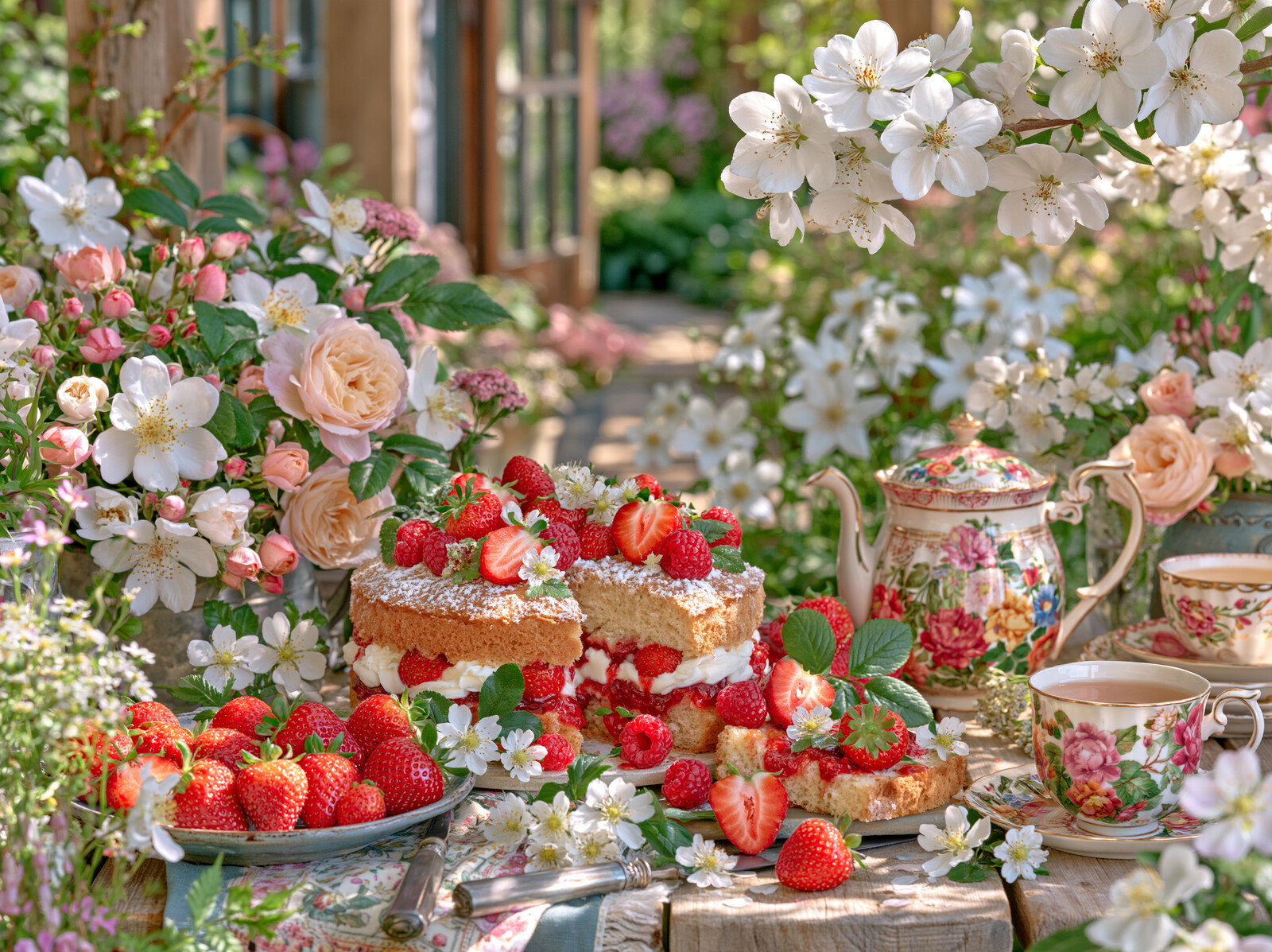 Strawberry sponge cakes and a floral teapot on a garden table beneath white blossom