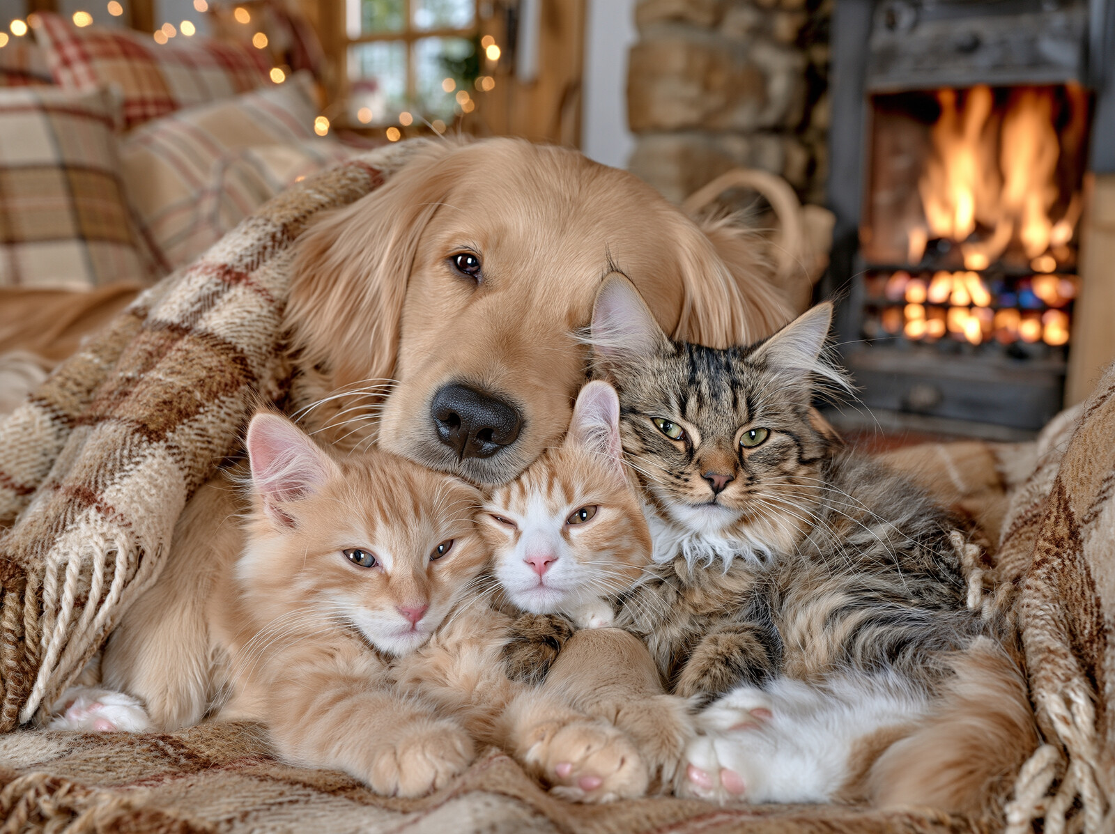 A golden retriever curled round three kittens on a tartan blanket beside a glowing log fire
