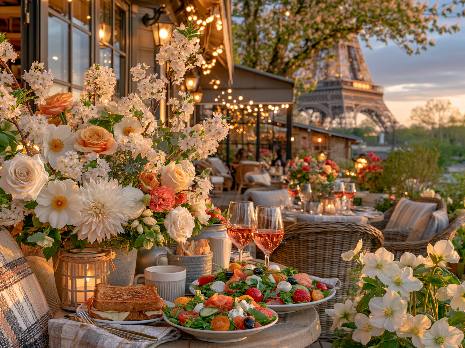 A flower-filled café terrace laid with salads and rosé at sunset, with the Eiffel Tower behind