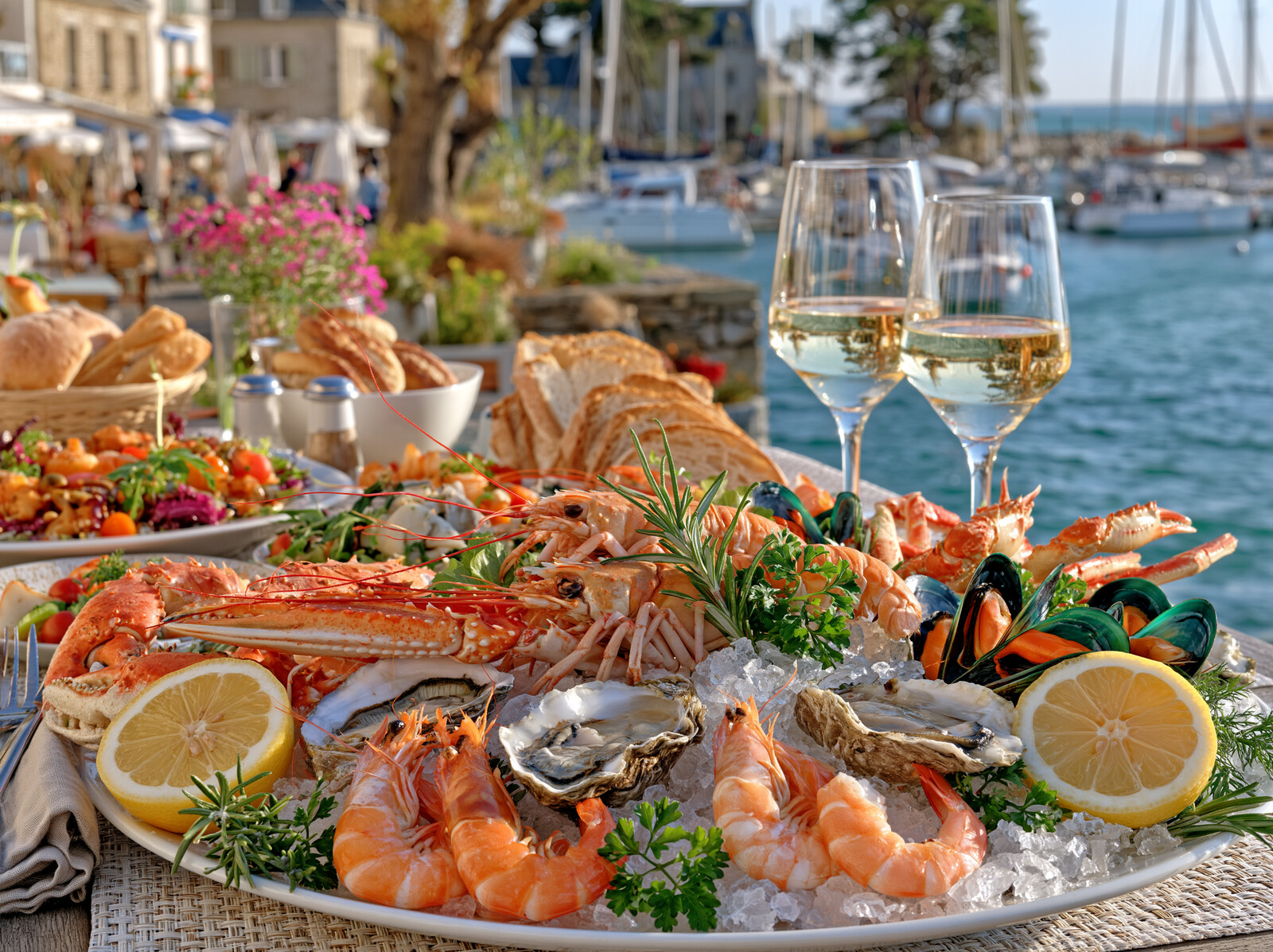 A seafood platter of oysters, prawns and mussels with lemon and white wine at a harbourside table