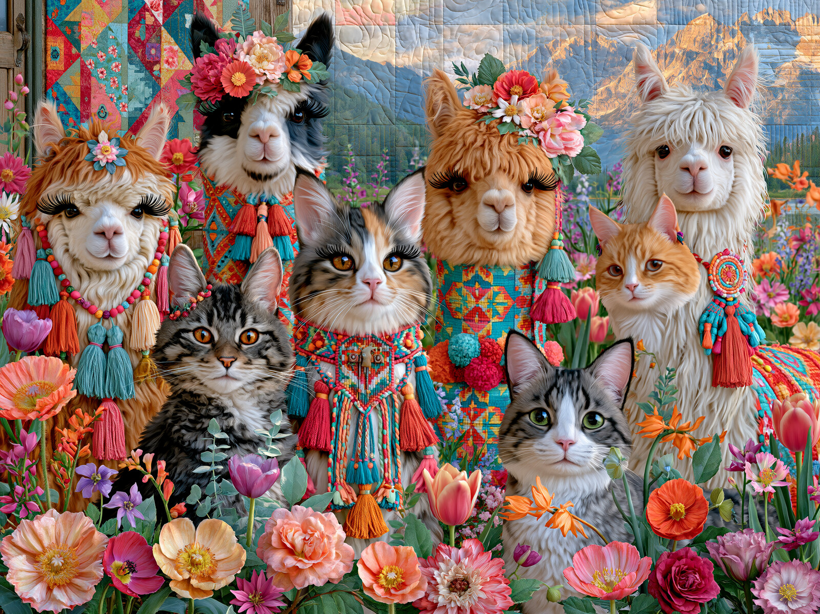 Alpacas in colourful tasselled blankets and flower crowns posing with kittens and cats in a flower meadow