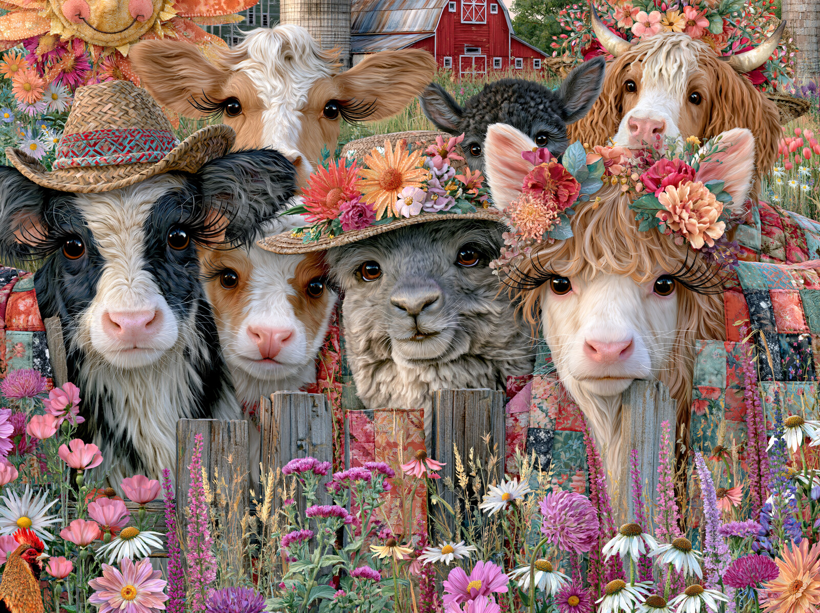 Cows, a calf and a llama wearing straw hats and flower crowns peering over a fence of wildflowers