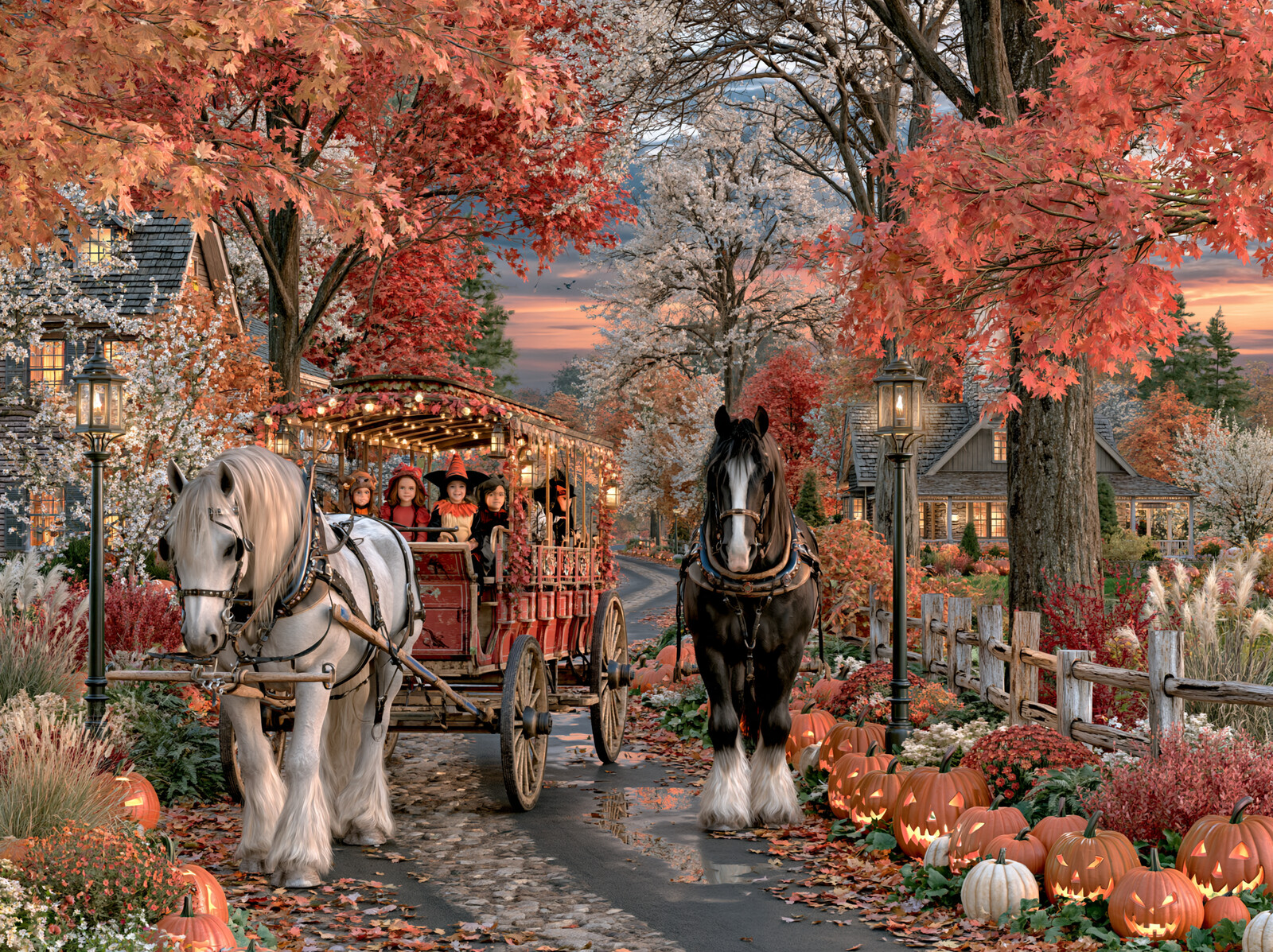 A horse-drawn hayride carrying a family down a lane lined with red maples and pumpkins in autumn