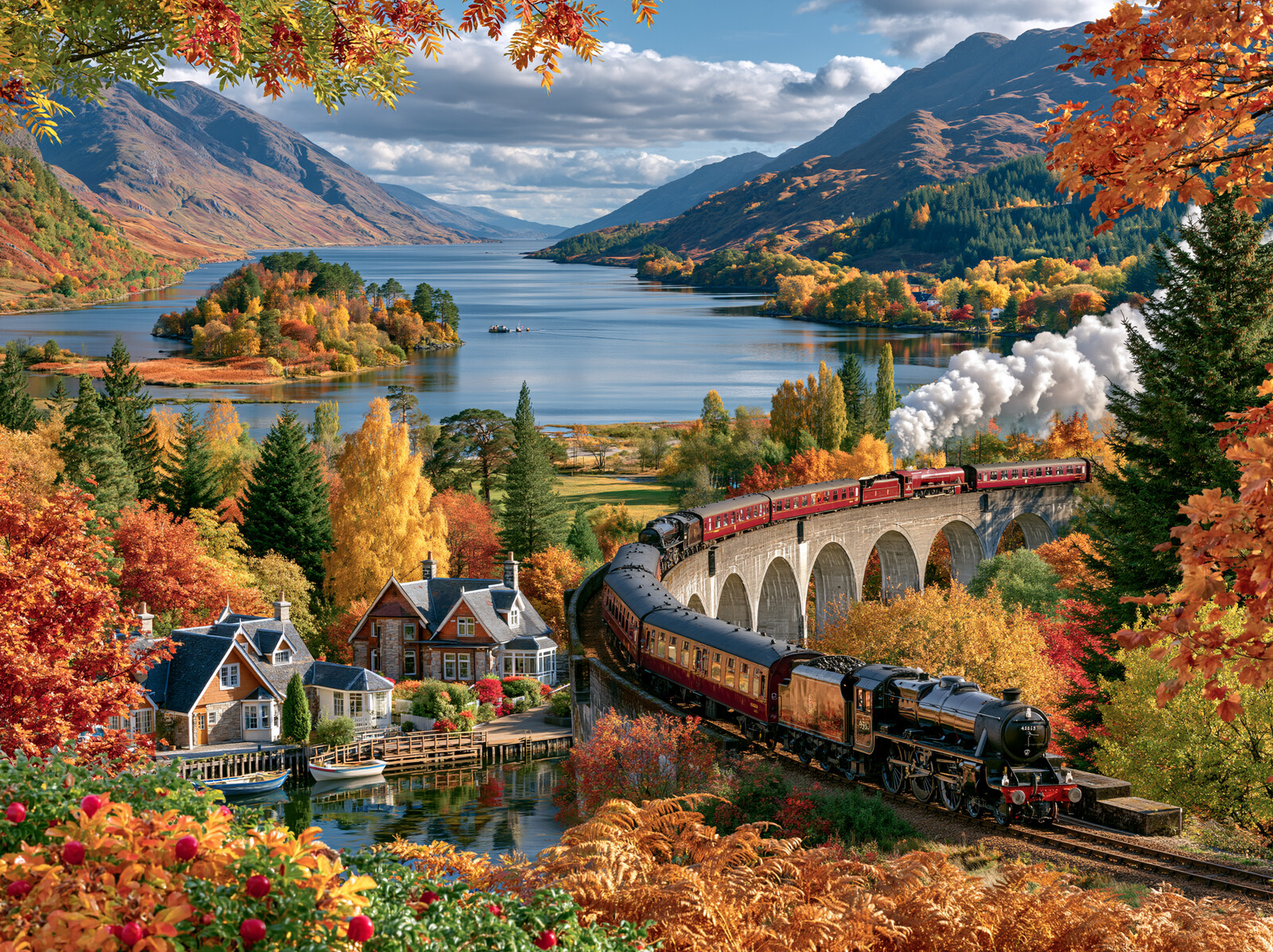 A black steam train with maroon carriages crossing a curved stone viaduct above a Highland loch in autumn