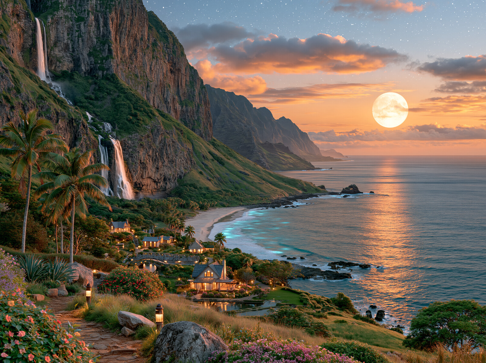 Waterfalls pouring down green cliffs above a quiet bay with a village, as the full moon rises over the sea