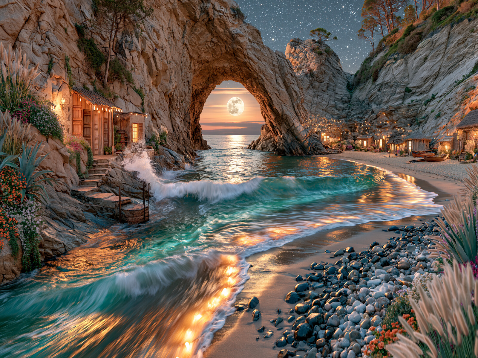 The full moon framed by a great rock arch above a curving beach of glowing turquoise waves at night