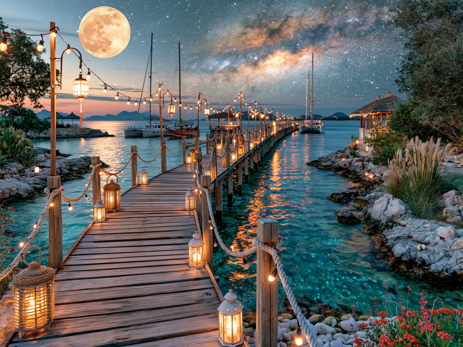 A wooden pier lined with glowing lanterns stretching into a calm bay under the Milky Way and a full moon