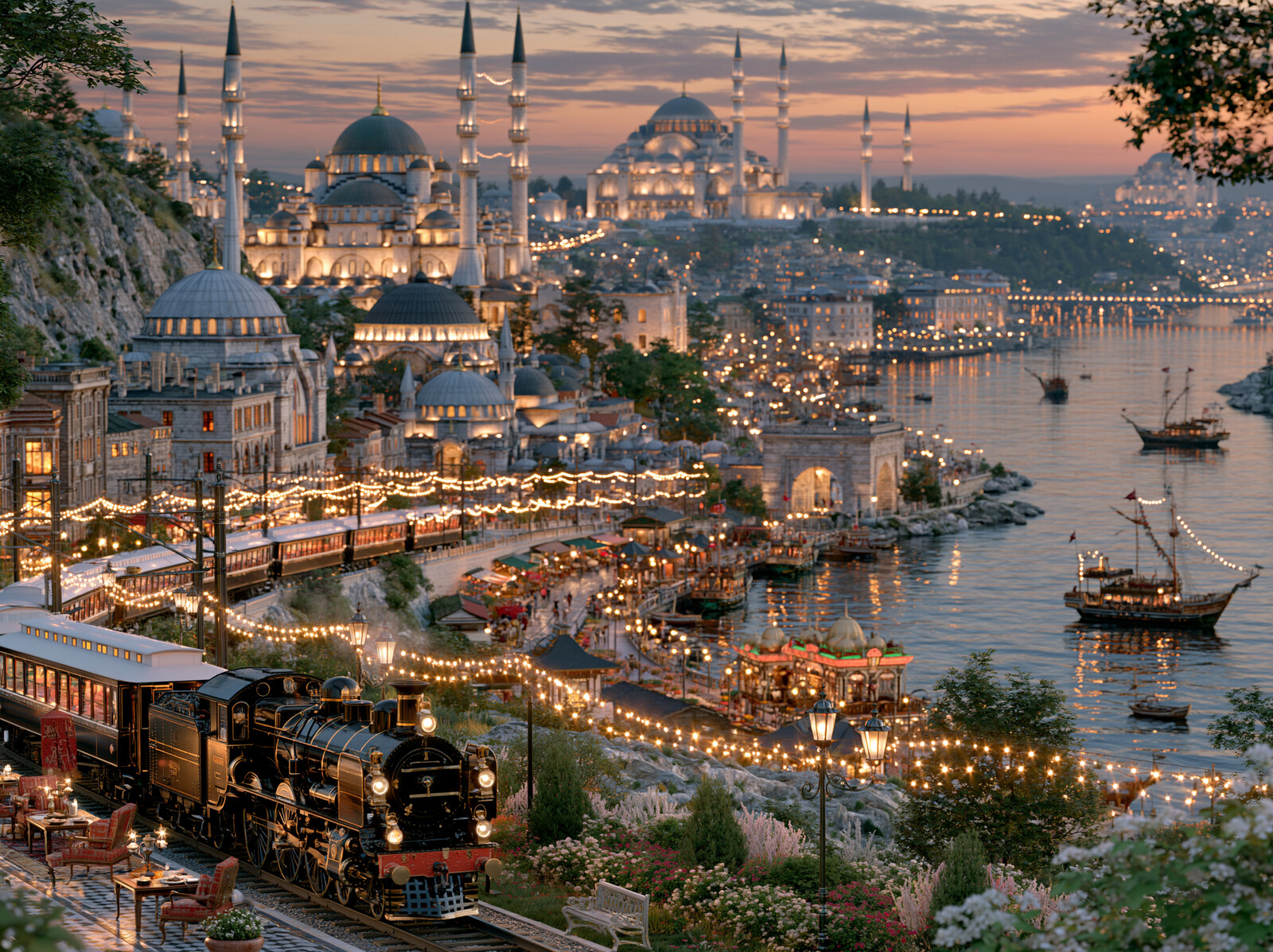 A vintage steam train beside the Bosphorus at sunset, with domes and minarets across the water