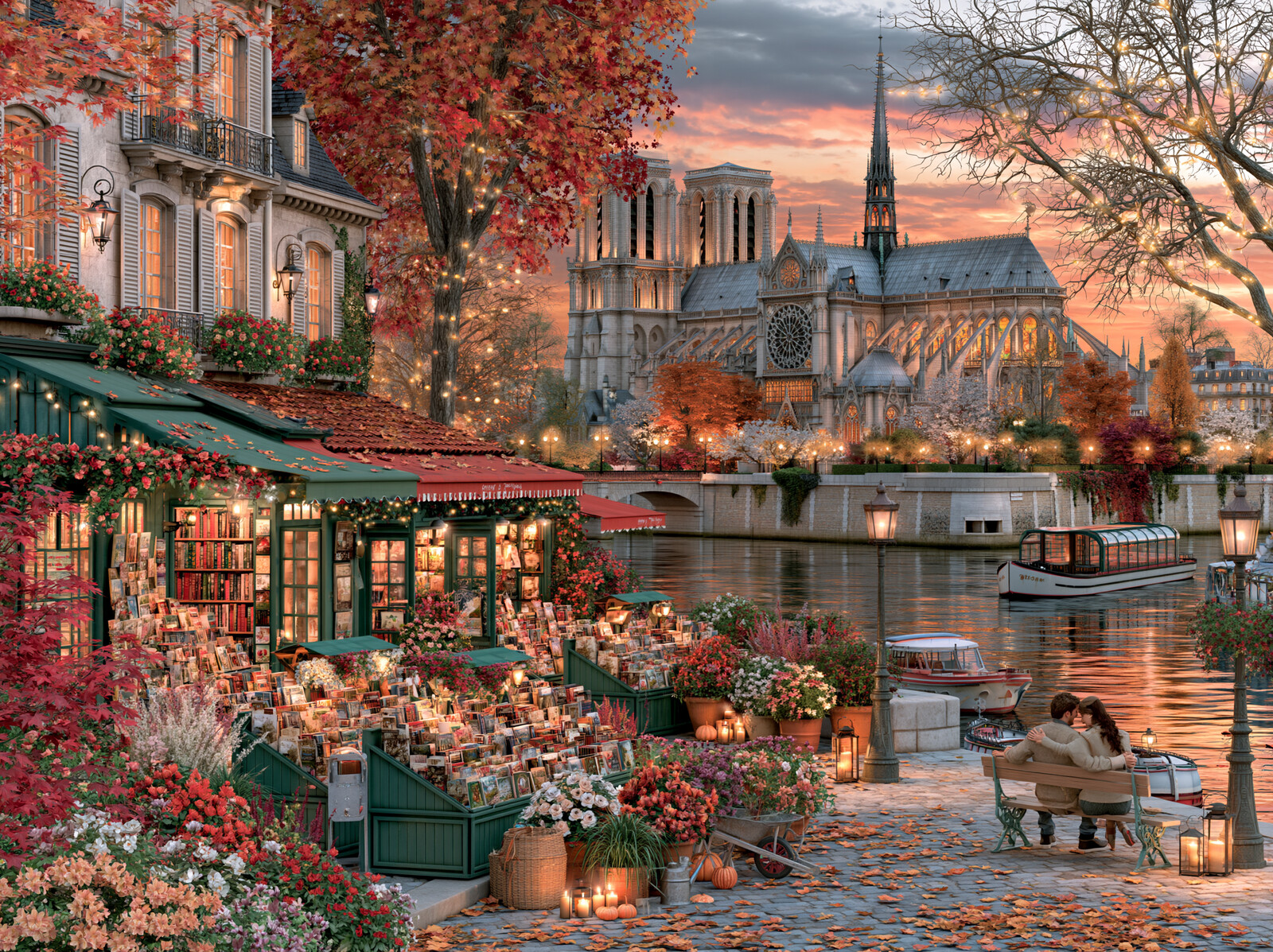Green bookstalls and flowers along the Seine at sunset, with Notre Dame rising beyond the river