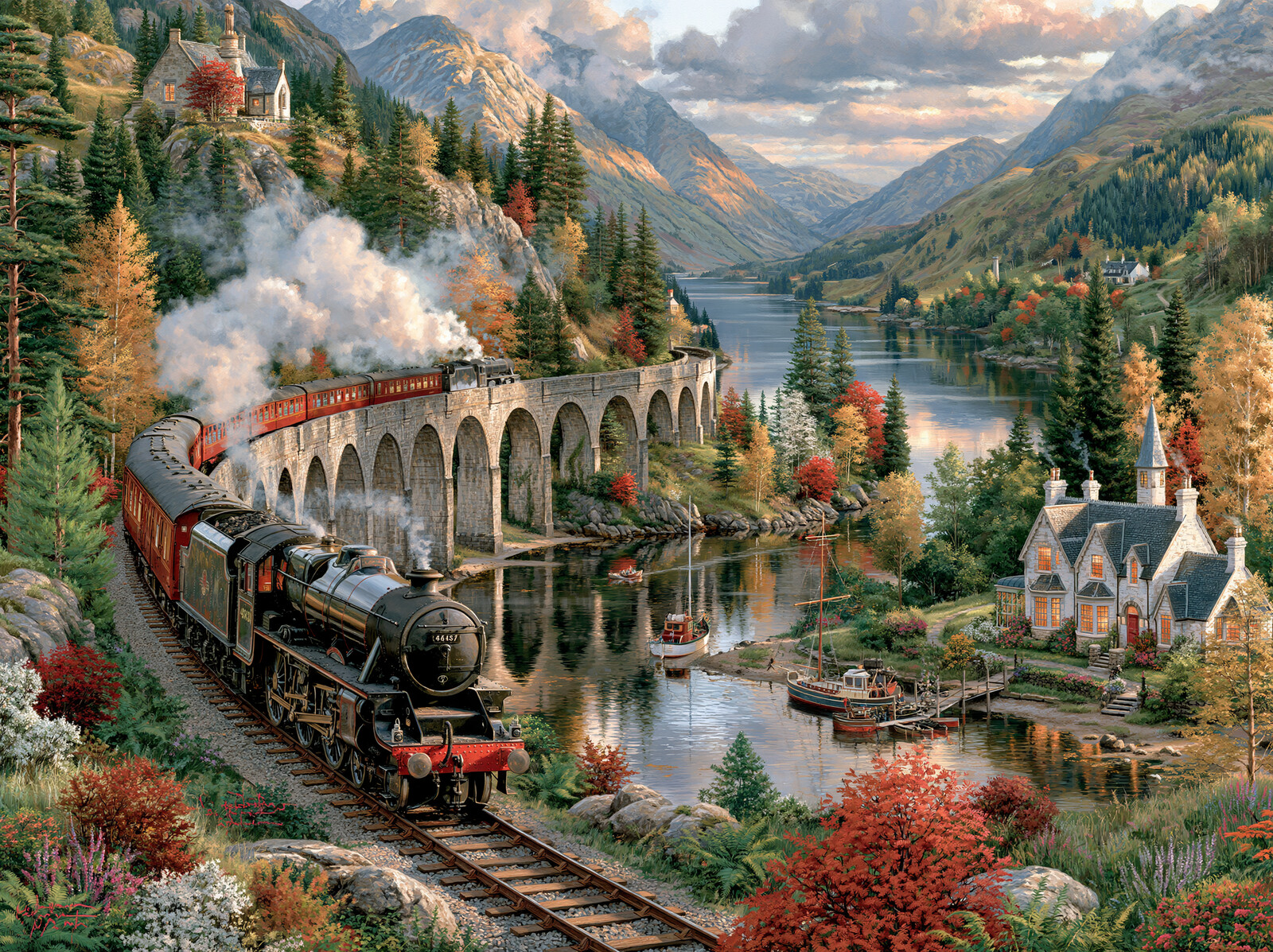 A black steam locomotive pulling red carriages over a stone viaduct beside a loch, with mountains beyond