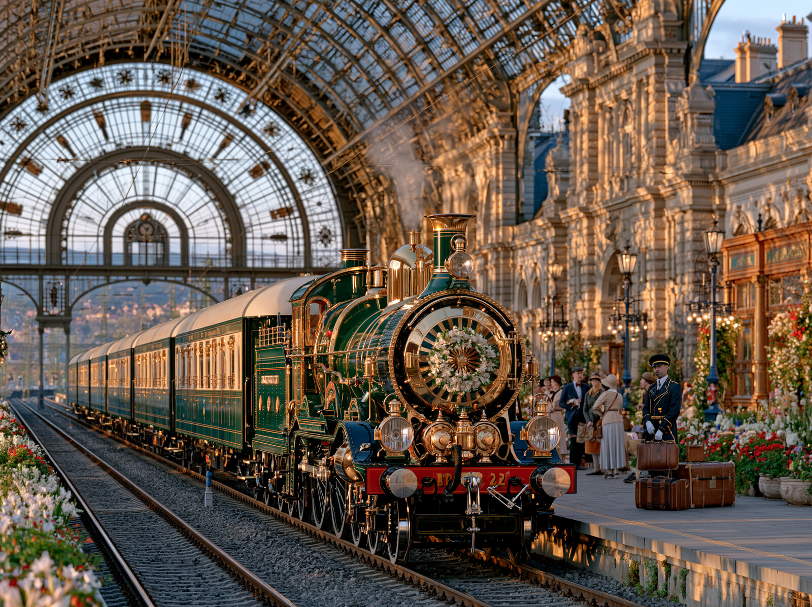 A vintage green and cream sleeper train and steam engine waiting under the glass roof of a grand station