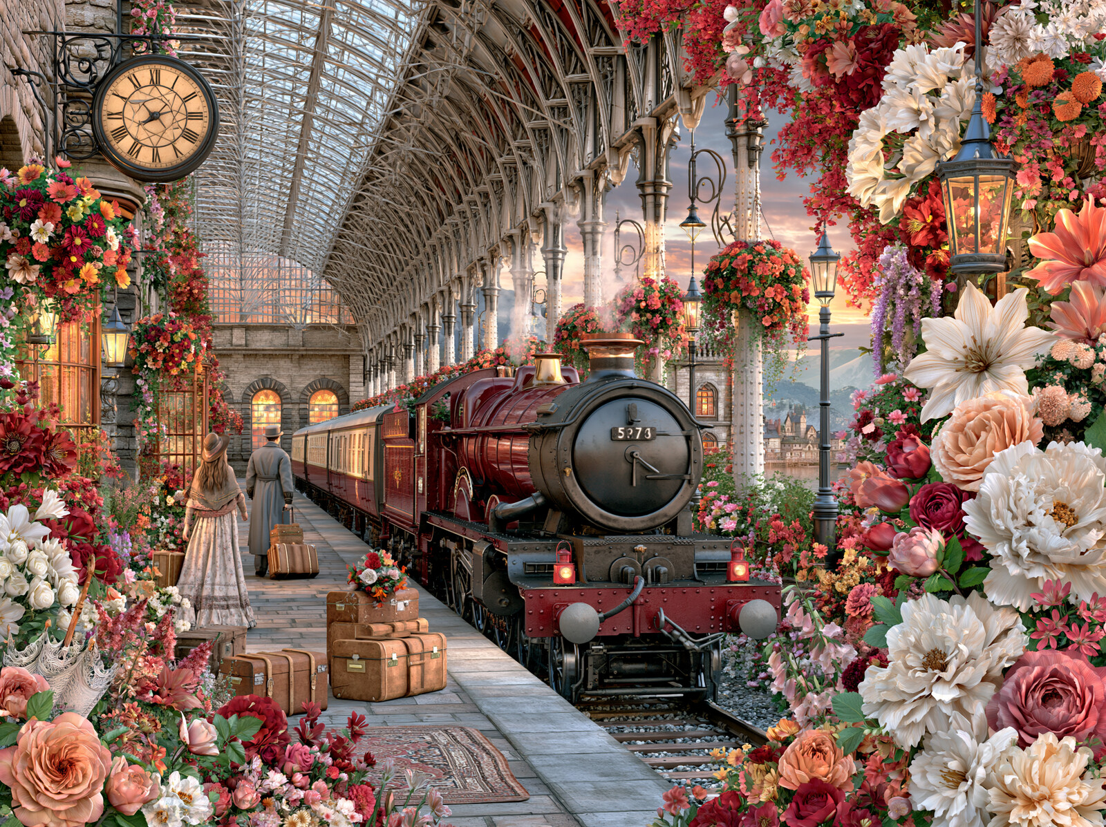 A maroon steam engine at a glass-roofed Victorian station platform hung with flowers beneath a large clock