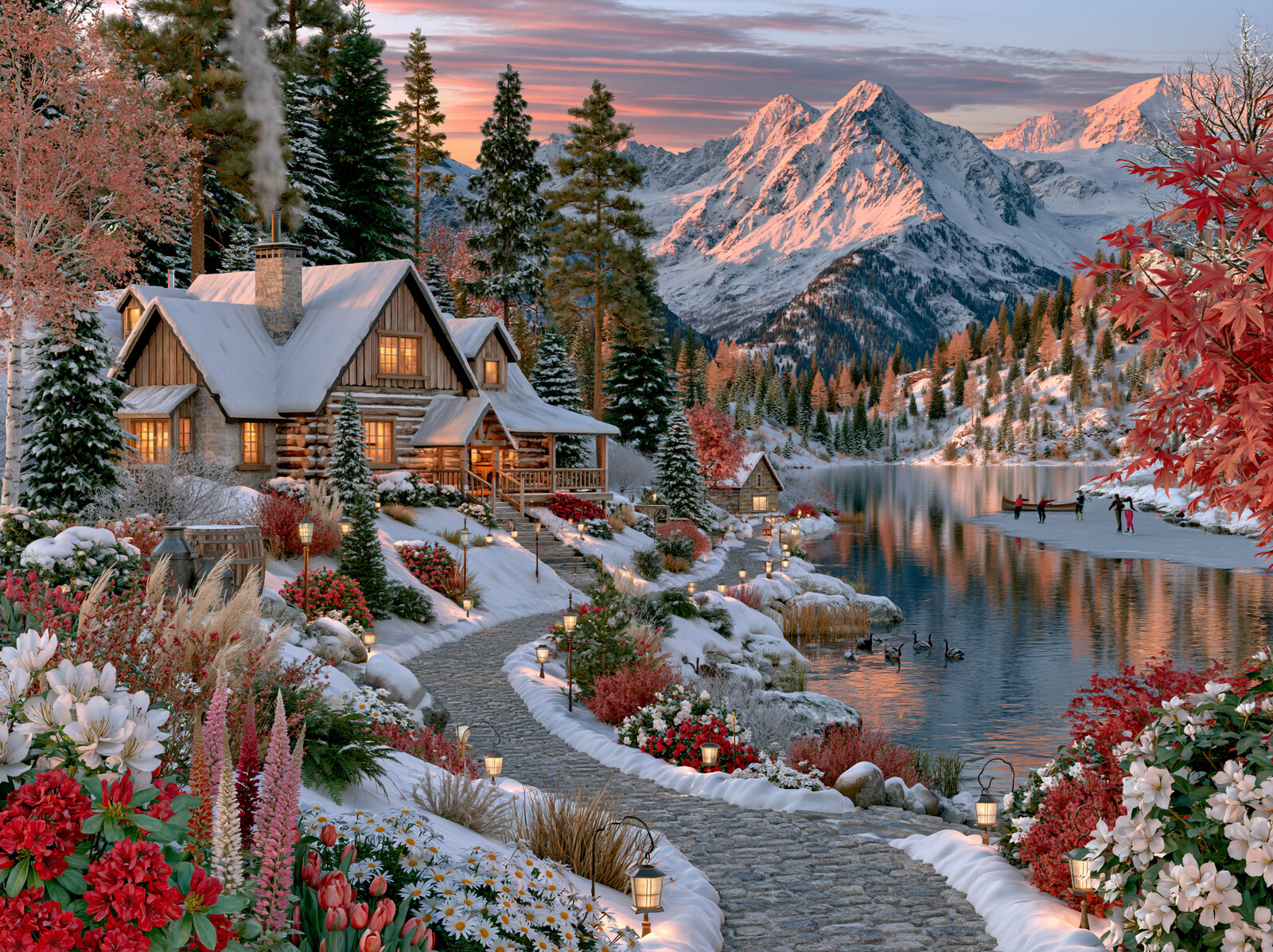 A snow-covered log cabin with glowing windows beside a frozen lake below pink-lit mountain peaks