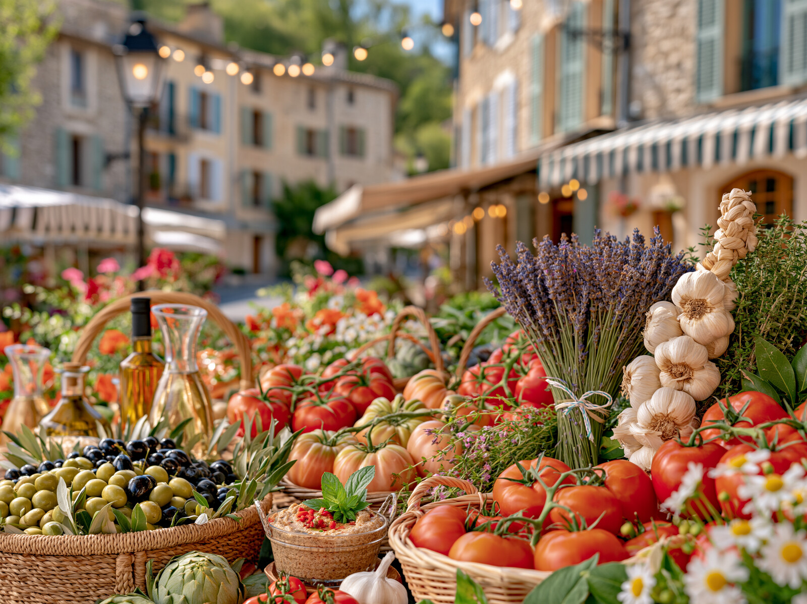 Baskets of olives, tomatoes, garlic and lavender on a Provence market street under striped awnings