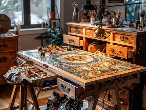 Wooden puzzle board with drawers and jigsaw puzzle pieces