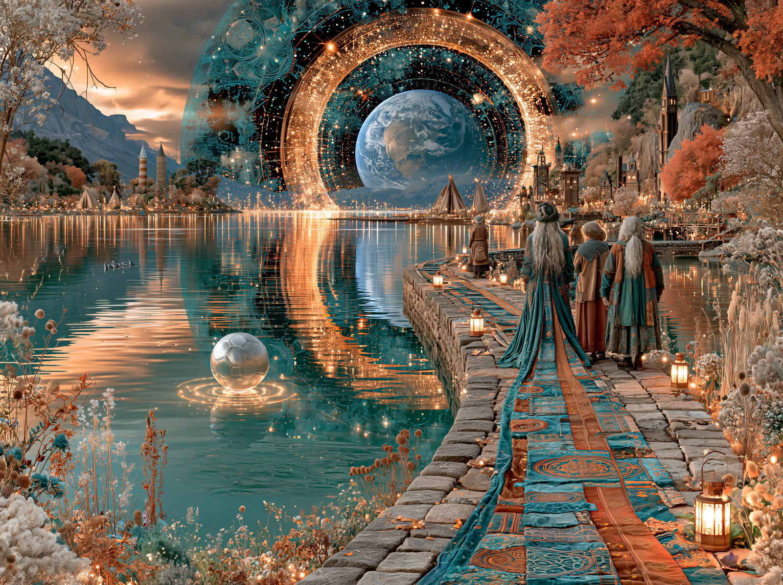 A glowing ring of light over the bay with Earth visible inside it, a small silver sphere floating on the water and settlers on a stone causeway