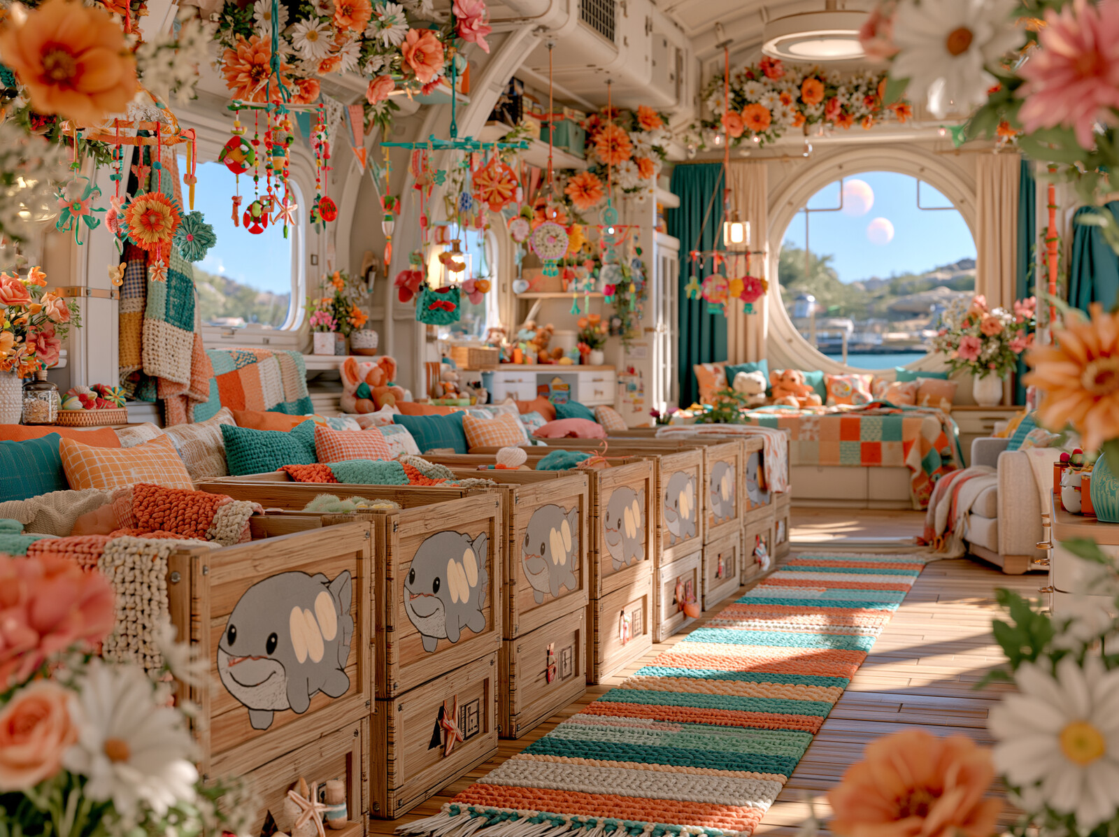 A bright nursery inside a white habitat dome, with rows of wooden baby cots, flowers and a round window onto the sea