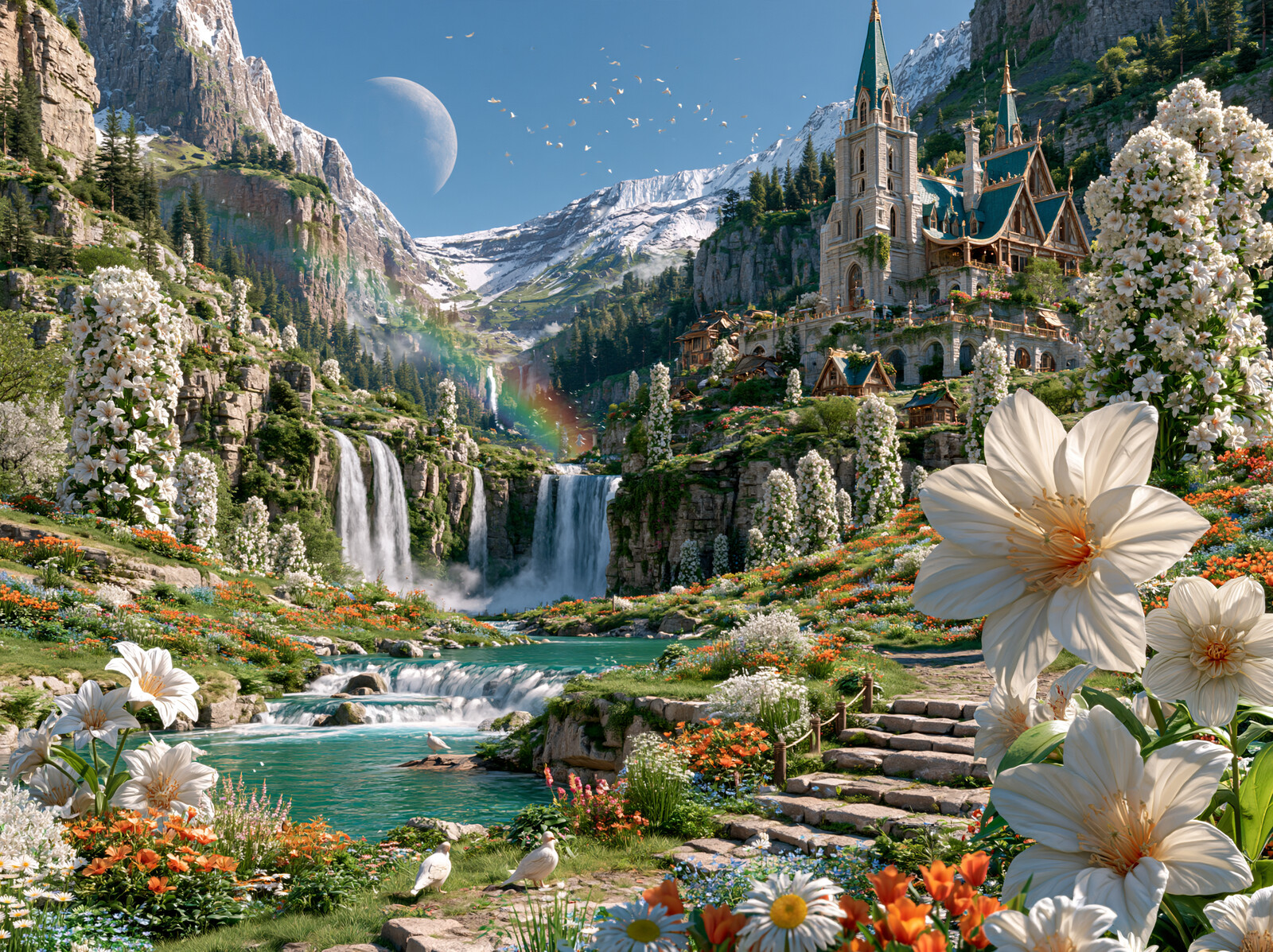 A castle above twin waterfalls in a green mountain valley, with giant white flowers in the foreground and a pale moon in the sky