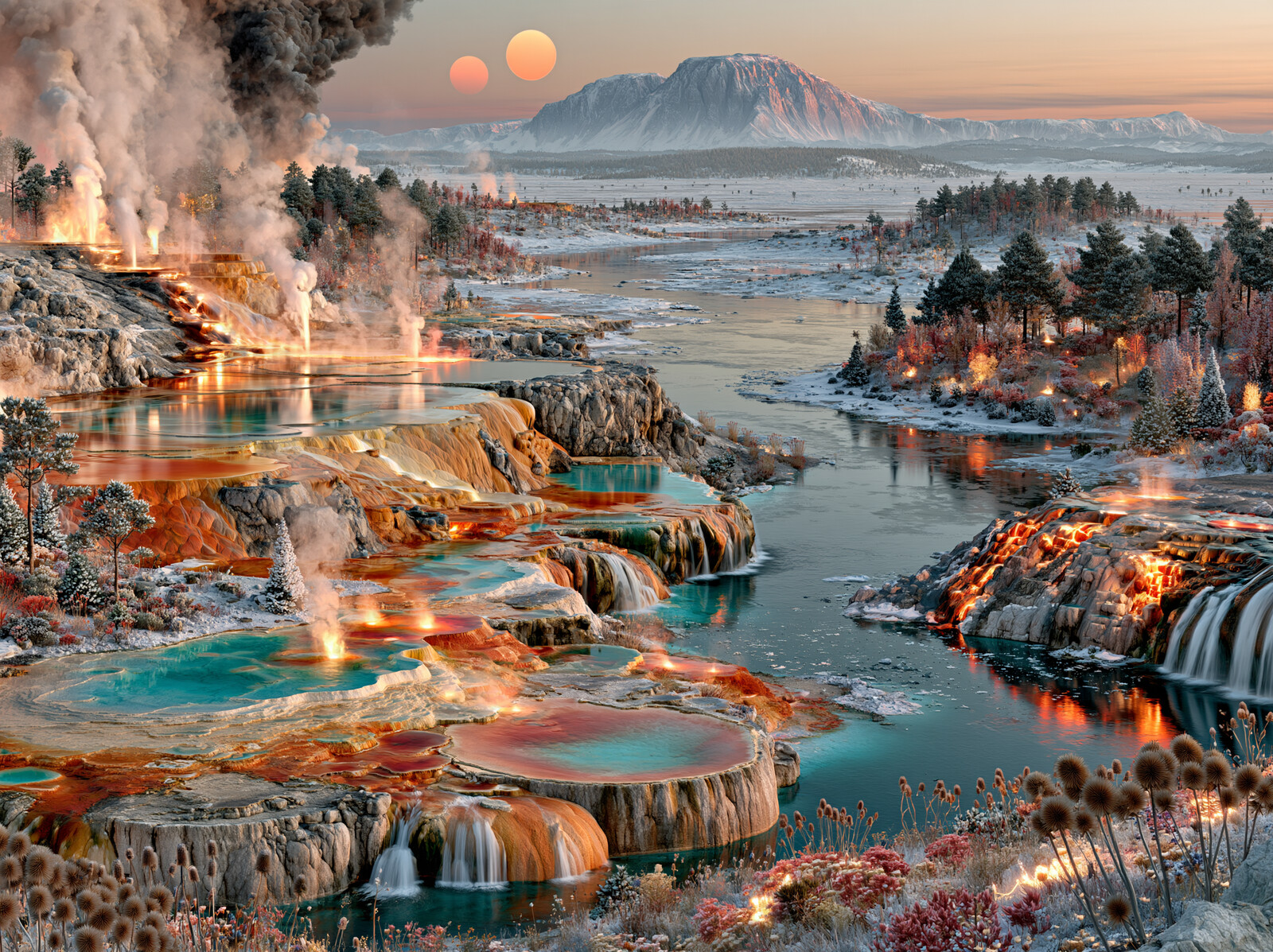 Steaming geysers and mineral pools in orange, gold and turquoise beside a river, with snowy mountains and two suns