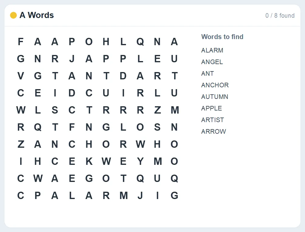 Preview of the A Words word search puzzle