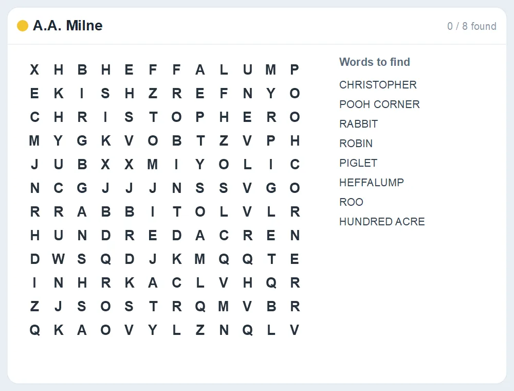 Preview of the A.A. Milne word search puzzle