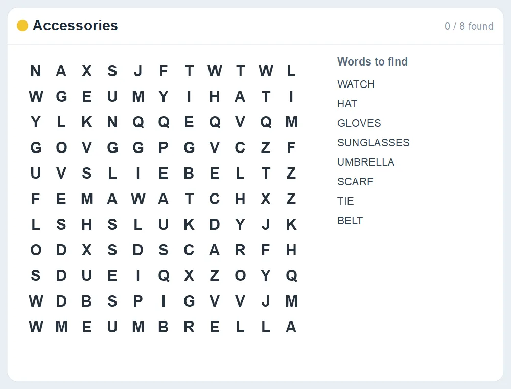Preview of the Accessories word search puzzle