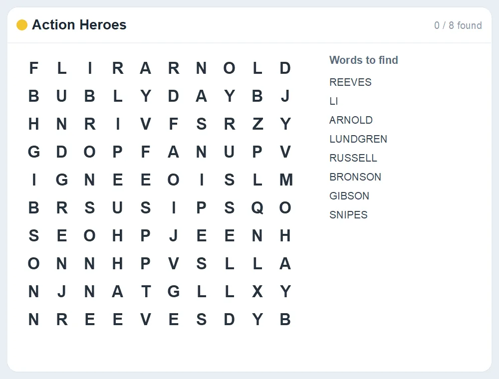 Preview of the Action Heroes word search puzzle