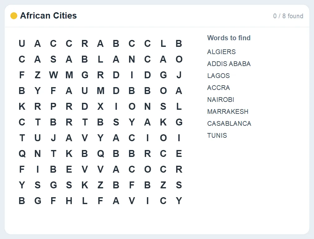 Preview of the African Cities word search puzzle