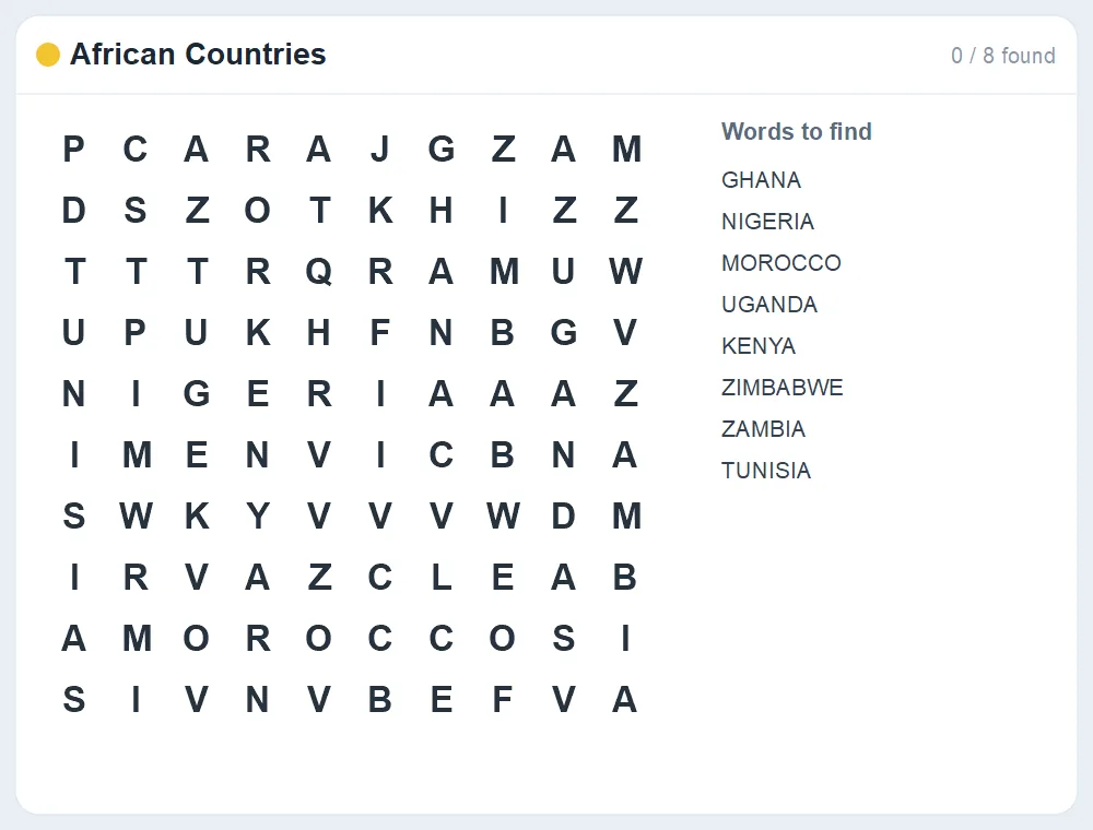 Preview of the African Countries word search puzzle