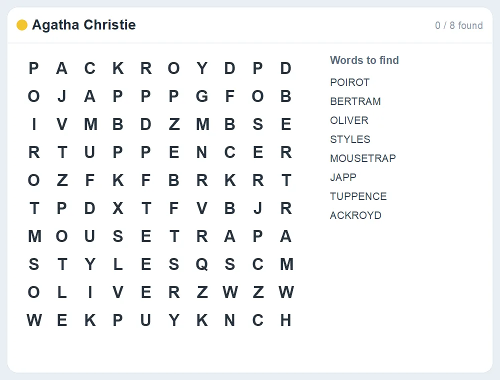 Preview of the Agatha Christie word search puzzle
