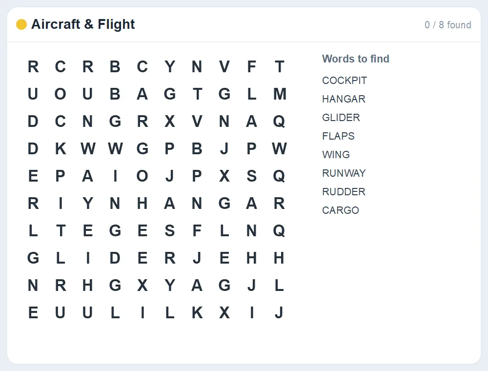 Preview of the Aircraft & Flight word search puzzle