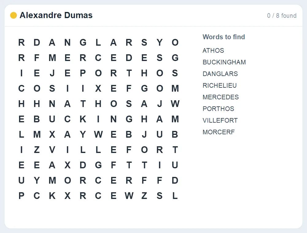 Preview of the Alexandre Dumas word search puzzle