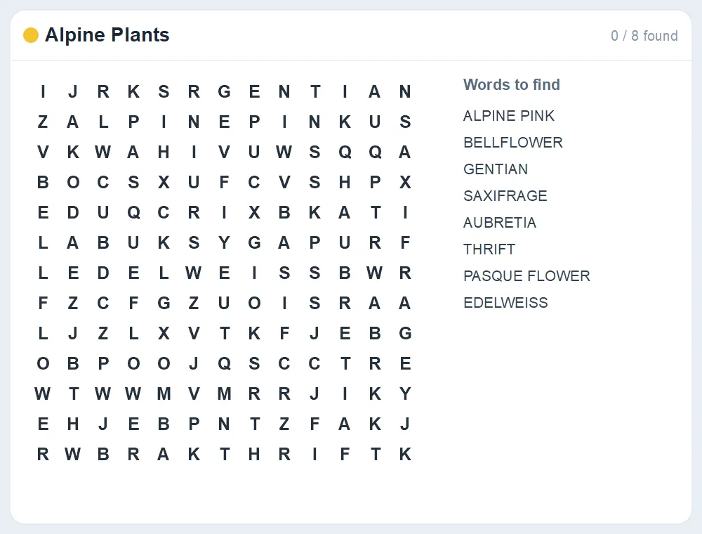 Preview of the Alpine Plants word search puzzle